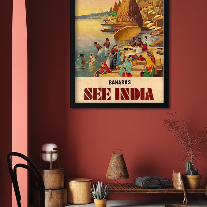 Vintage Banaras Poster 2 : 3 Vertical Premium Wall Art Canvas by MeriDeewar