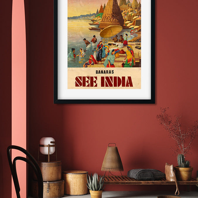 Vintage Banaras Poster 2 : 3 Vertical Premium Wall Art Canvas by MeriDeewar