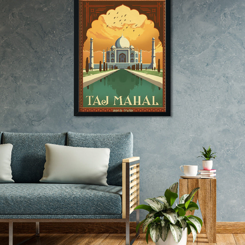 Vintage Taj Mahal Travel Poster Agra India 3 : 4 Vertical Premium Wall Art Canvas by MeriDeewar