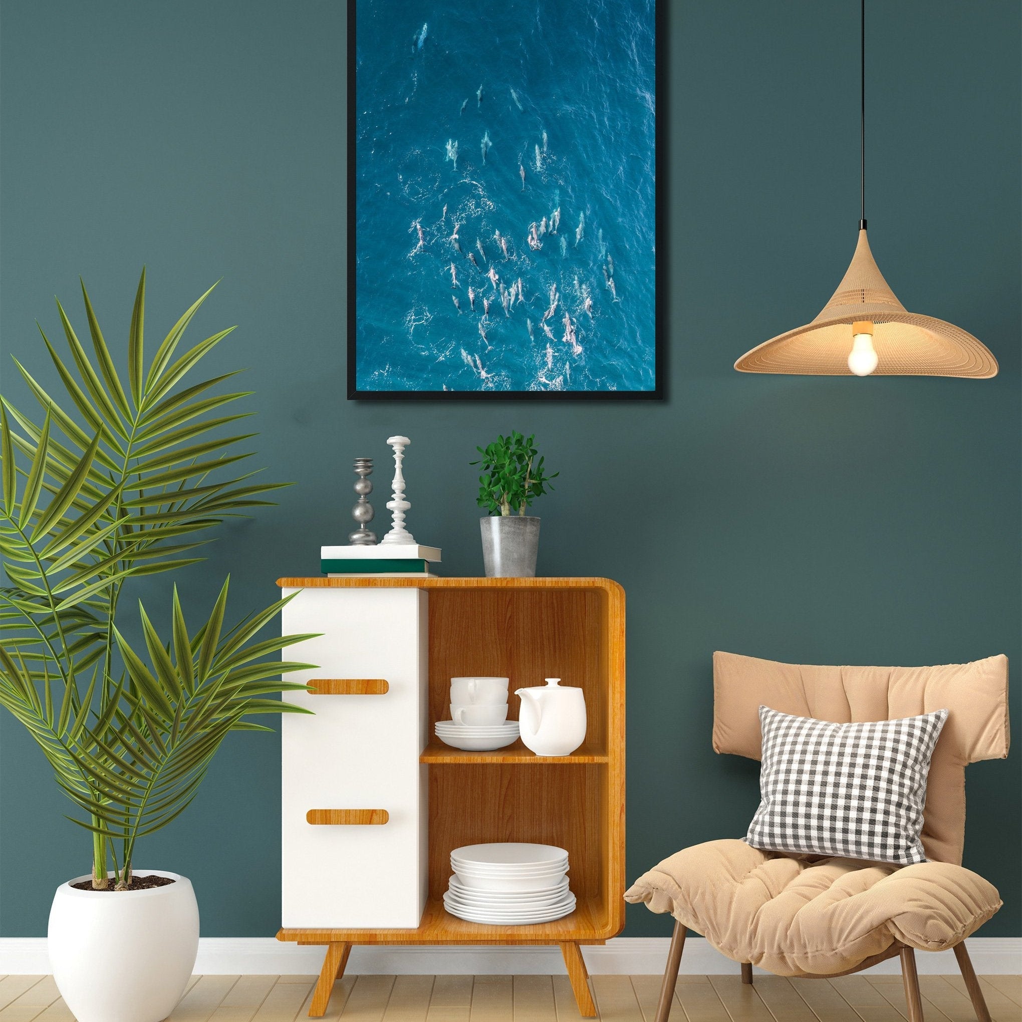Whales swimming with surfers in the green ocean with big waves Painting - Meri Deewar 3 : 4 Vertical Premium Wall Art Canvas by MeriDeewar