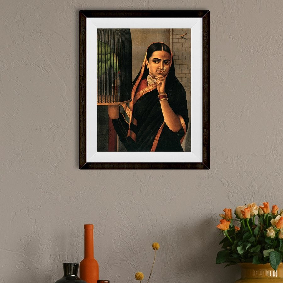 Woman looking at a caged parrot Painting - Meri Deewar 3 : 4 Vertical Premium Wall Art Canvas by MeriDeewar
