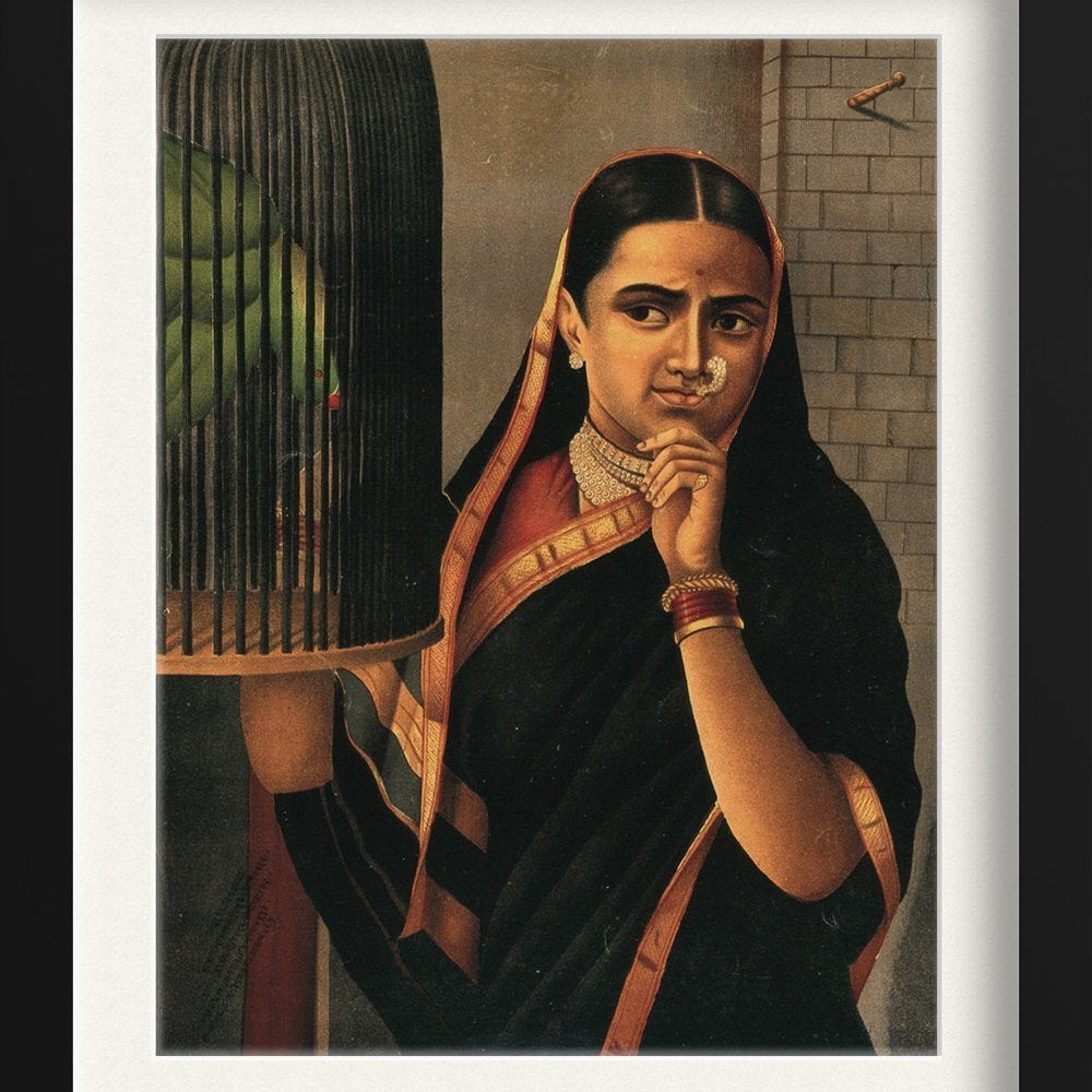 Woman looking at a caged parrot Painting - Meri Deewar 3 : 4 Vertical Premium Wall Art Canvas by MeriDeewar