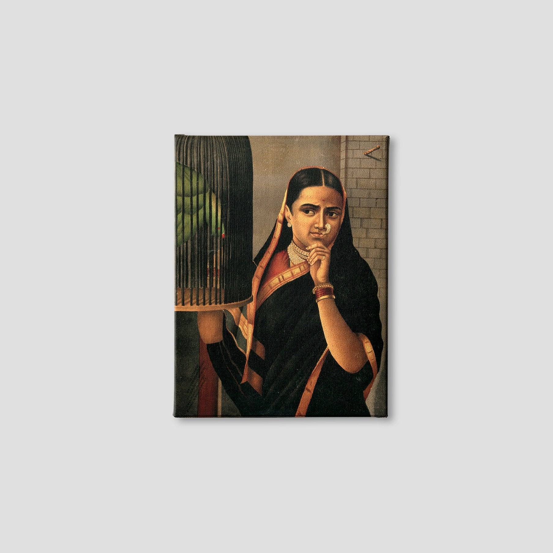 Woman looking at a caged parrot Painting - Meri Deewar 3 : 4 Vertical Premium Wall Art Canvas by MeriDeewar