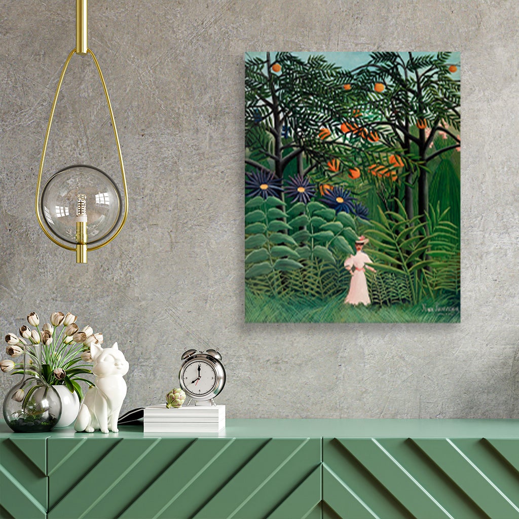 Woman Walking in an Exotic Forest painting - Meri Deewar 4 :5 Vertical Premium Wall Art Canvas by MeriDeewar