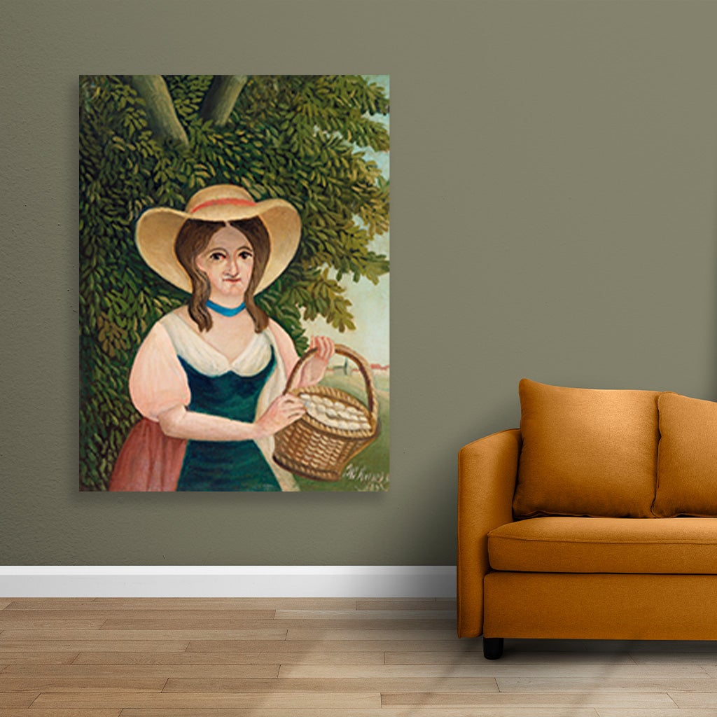Woman with Basket of Eggs painting - Meri Deewar 3 : 4 Vertical Premium Wall Art Canvas by MeriDeewar