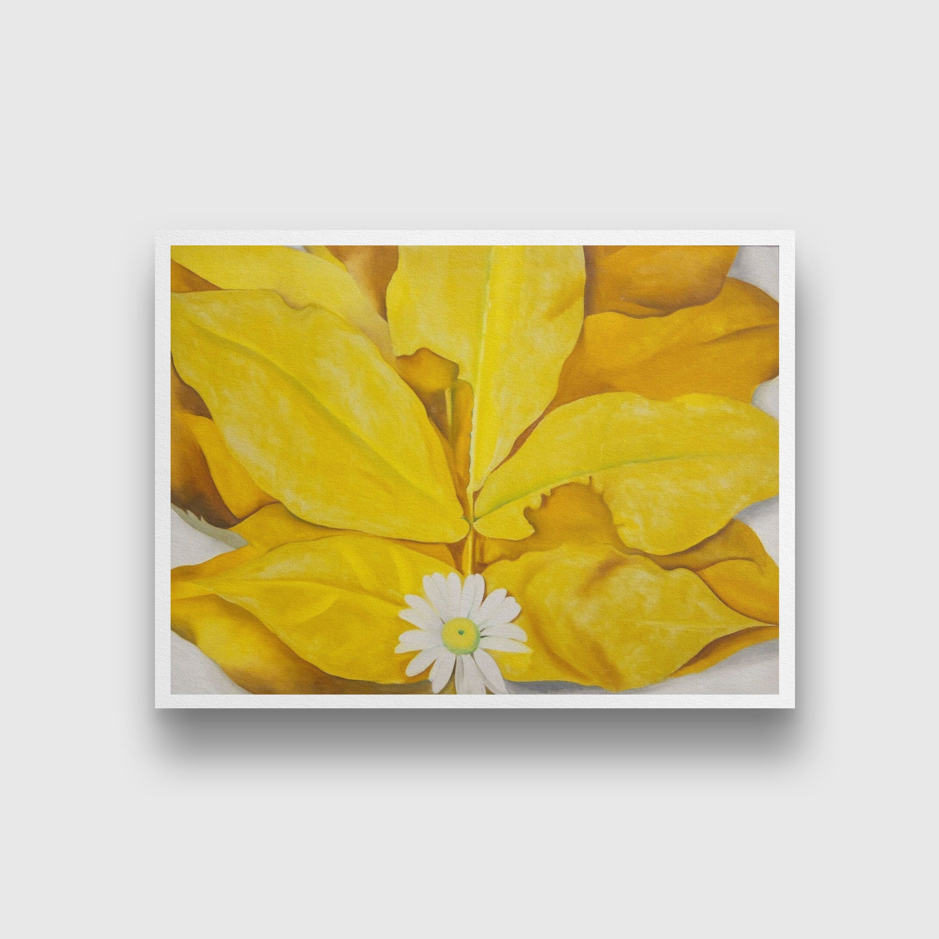 Yellow Hickory Leaves With Daisy Painting- Meri Deewar 4 : 3 Horizontal Premium Wall Art Canvas by MeriDeewar
