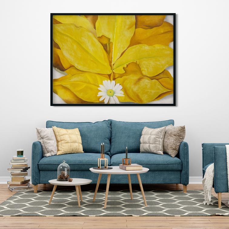 Yellow Hickory Leaves With Daisy Painting- Meri Deewar 4 : 3 Horizontal Premium Wall Art Canvas by MeriDeewar