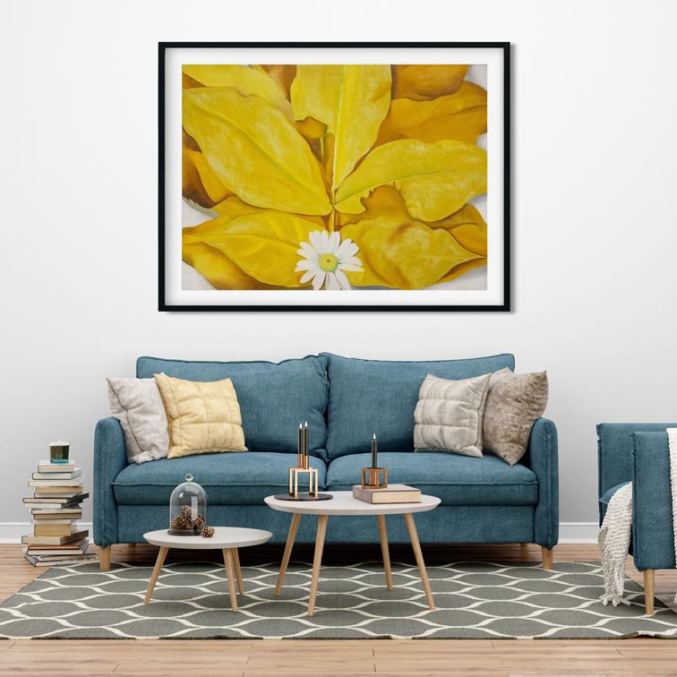 Yellow Hickory Leaves With Daisy Painting- Meri Deewar 4 : 3 Horizontal Premium Wall Art Canvas by MeriDeewar