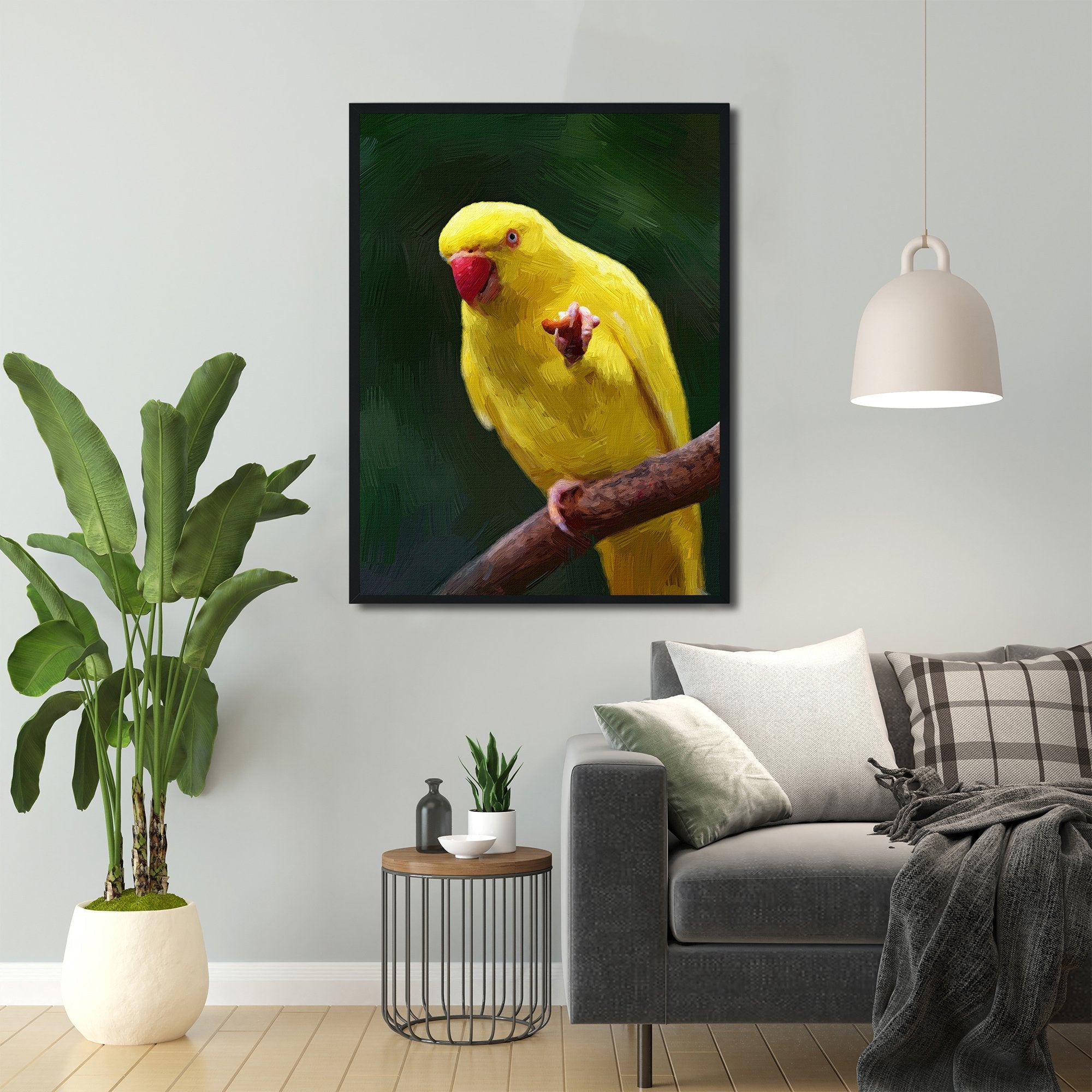 Yellow little African parrot Painting - Meri Deewar 2 : 3 Vertical Premium Wall Art Canvas by MeriDeewar