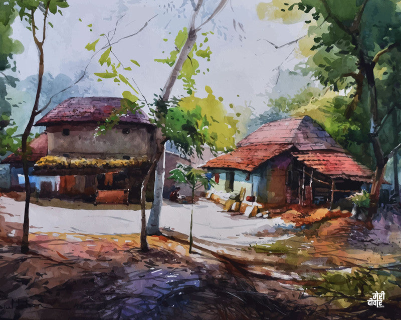 A picturesque, serene view of Konkan houses.