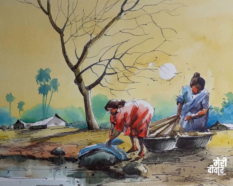 Two women, at the riverside, washing their clothes.