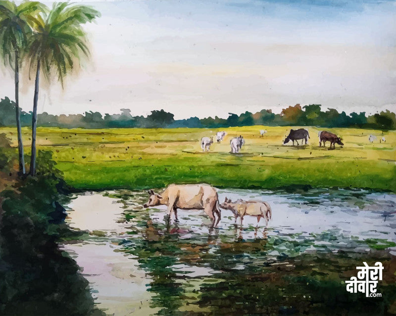 The countryside, a small water body, and cow grazing in the pasture.