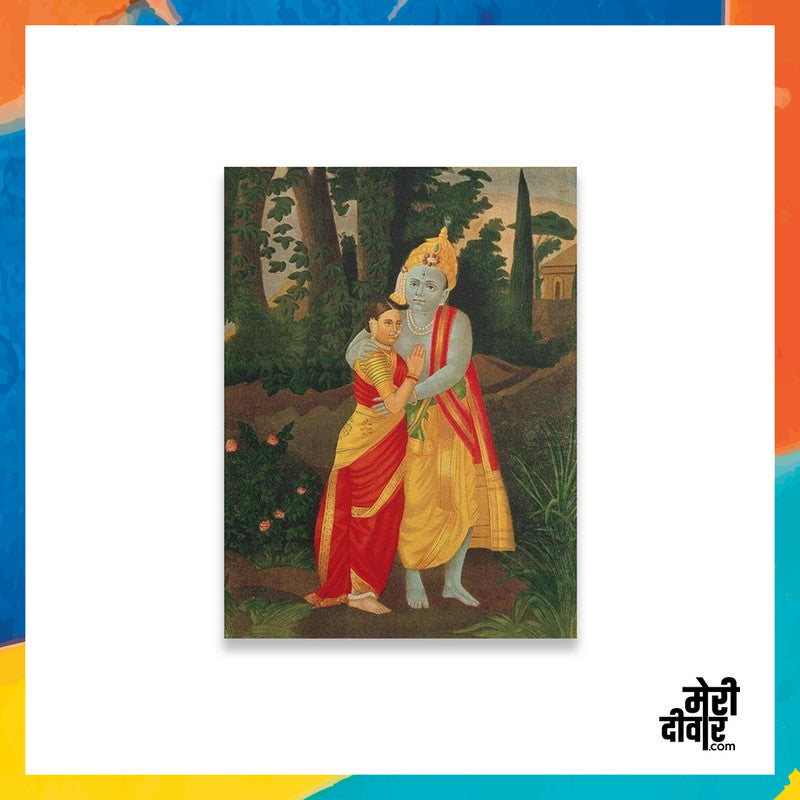 Krishna embraces Radha in the traditional Indian style