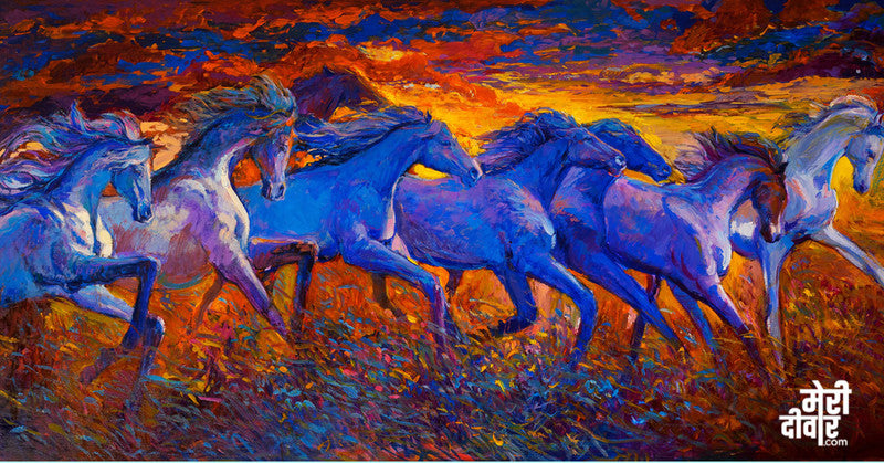 he majestic horses running with a backdrop of the fiery atmosphere is a painting that will fire up your motivations!