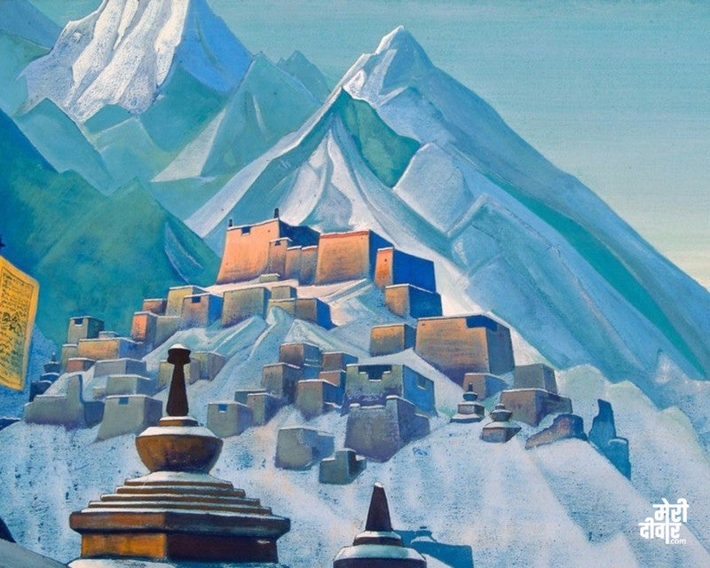The painting shows the beautiful Tibetan settlement in the lap of the Himalayas.
