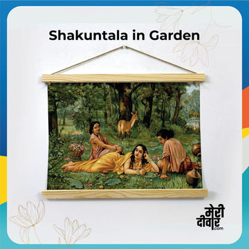 This painting by Raja Ravi Varma depicts Shakuntala in a melancholic pose with her sakhis in the garden.