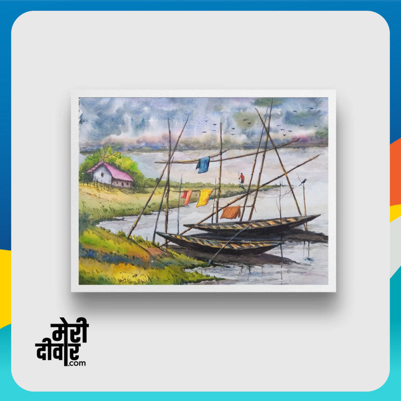 This serene painting depicts the scene of houseboats anchored in a backwater