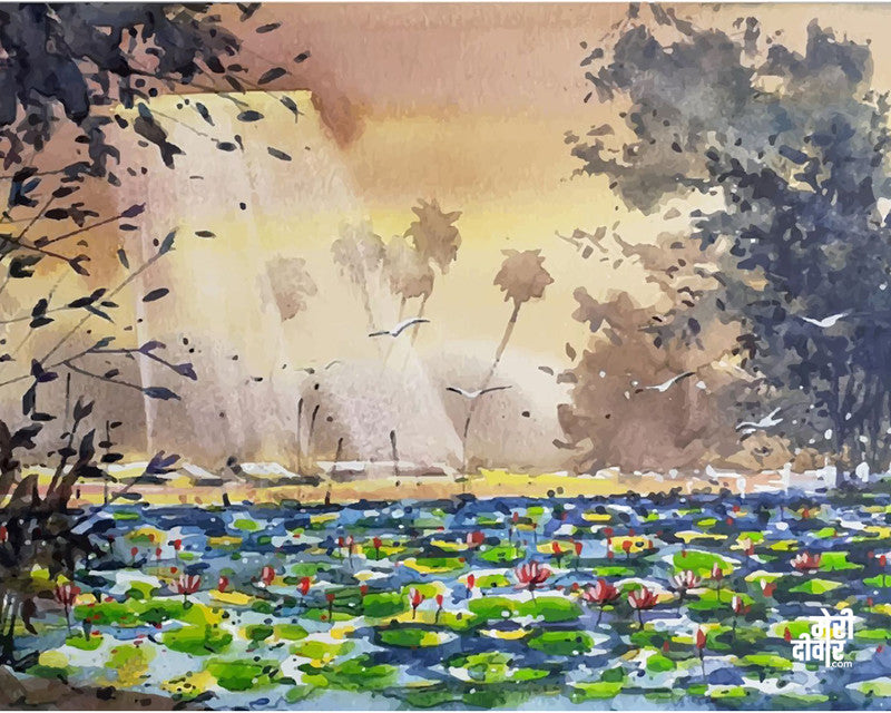 Morning scene of a lotus filled pond.
