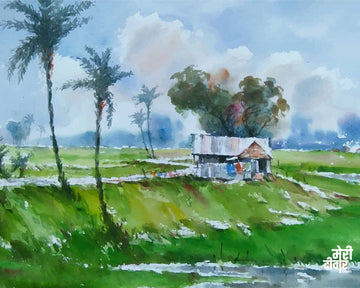 Indian village hut, watercolor painting.