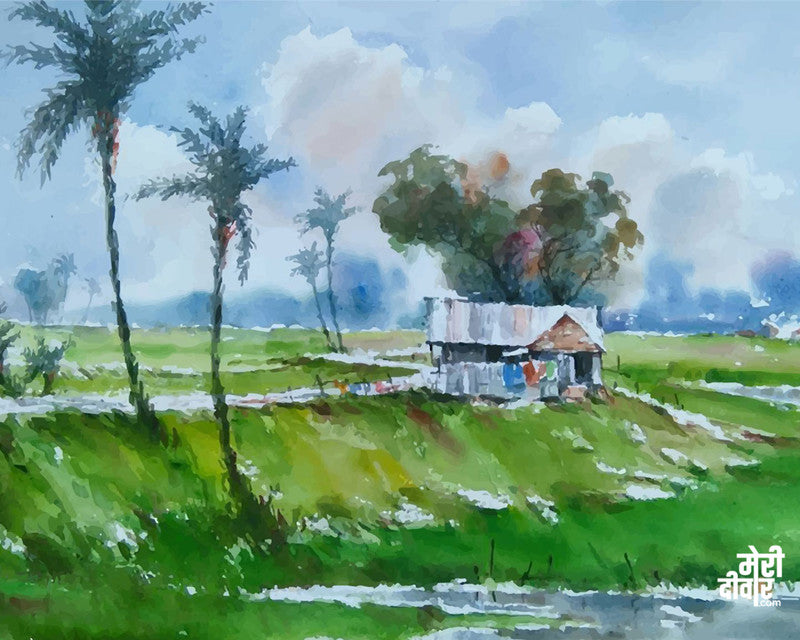 Indian village hut, watercolor painting.