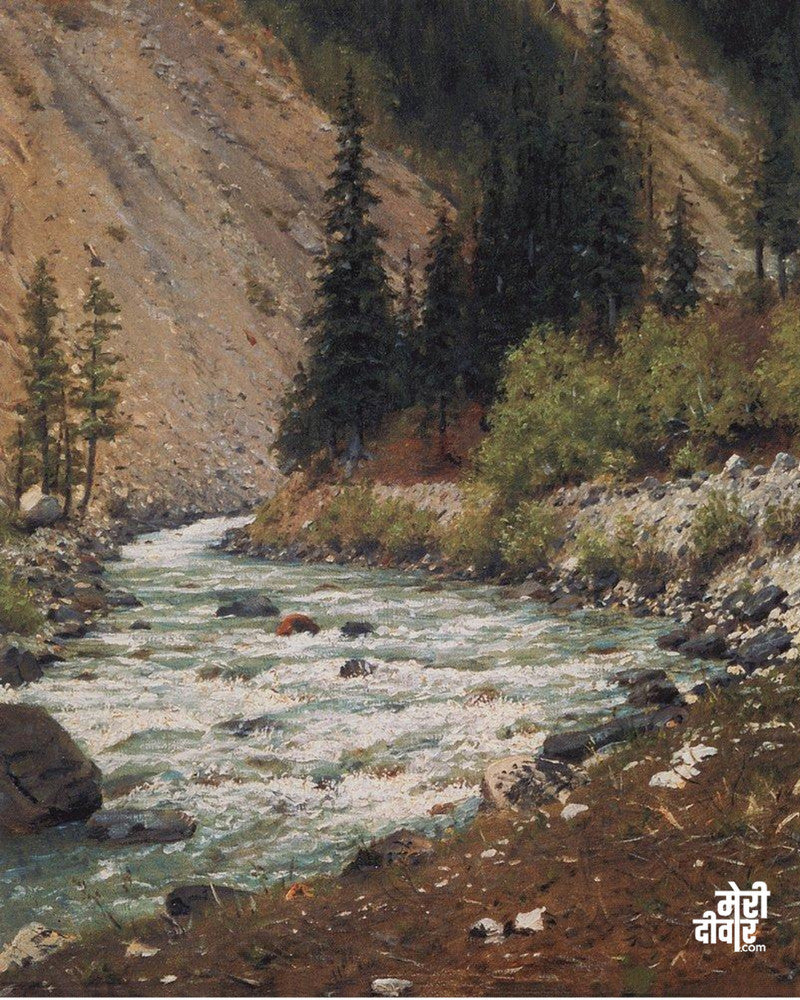 Mountain stream in Kashmir, watercolor painting.
