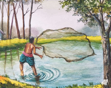 This painting portrays a fisherman in the midst of his fishing adventures