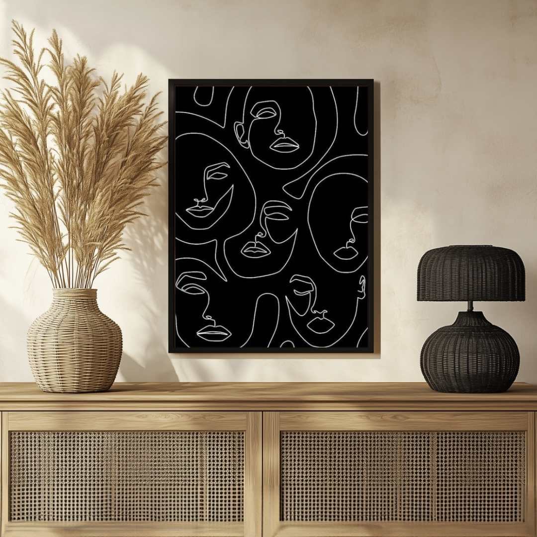 Modern Scandinavian Minimalist Abstract Faces Pattern Poster | Vertical Contemporary Boho White Framed Wall Art