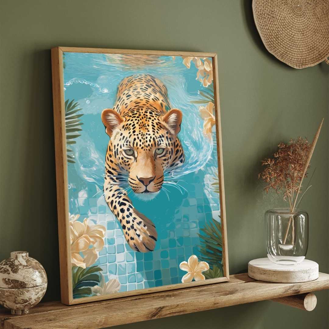 Tropical Swimming Leopard Pop Art | Modern Botanical Framed Print 2 : 3 Vertical Premium Wall Art Canvas by MeriDeewar
