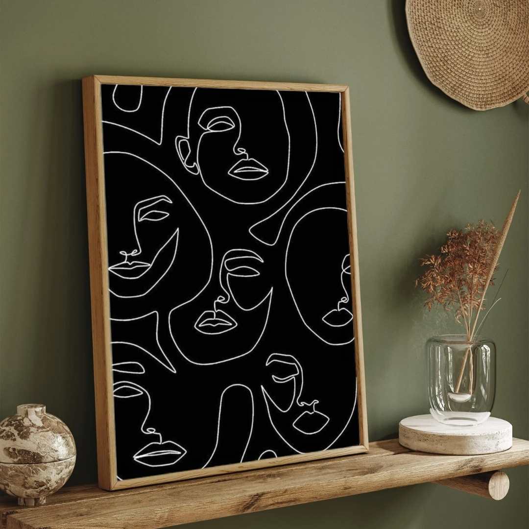 Modern Scandinavian Minimalist Abstract Faces Pattern Poster | Vertical Contemporary Boho White Framed Wall Art