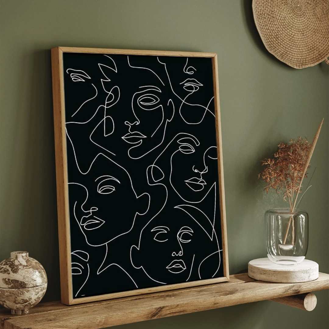 Continuous Line Faces Poster | Vertical Contemporary Boho White Framed Wall Art