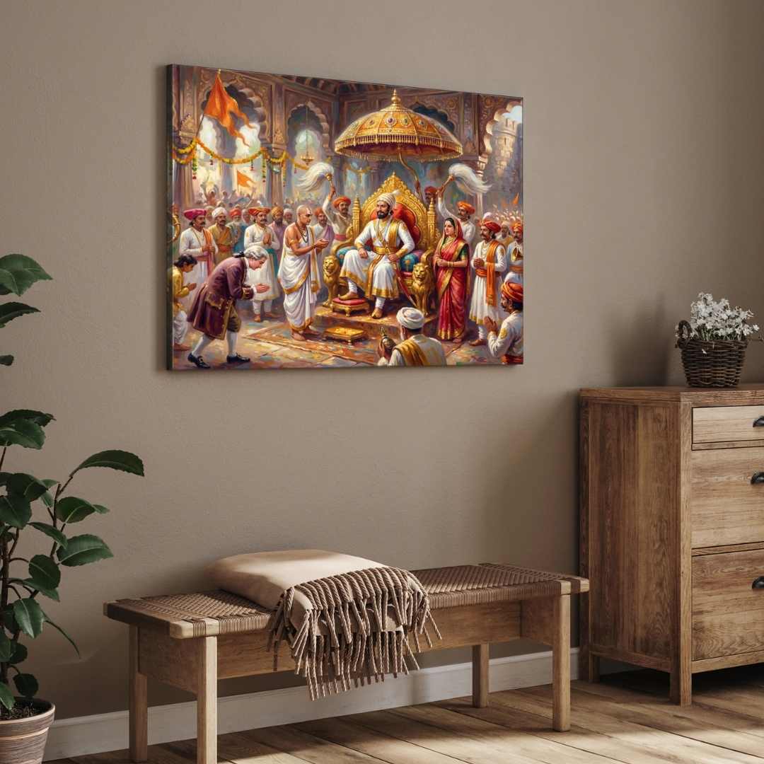 Grand Coronation of Chhatrapati Shivaji Maharaj Oil Painting | Horizontal Black Framed Wall Art 2 : 1 Horizontal Premium Wall Art Canvas by MeriDeewar