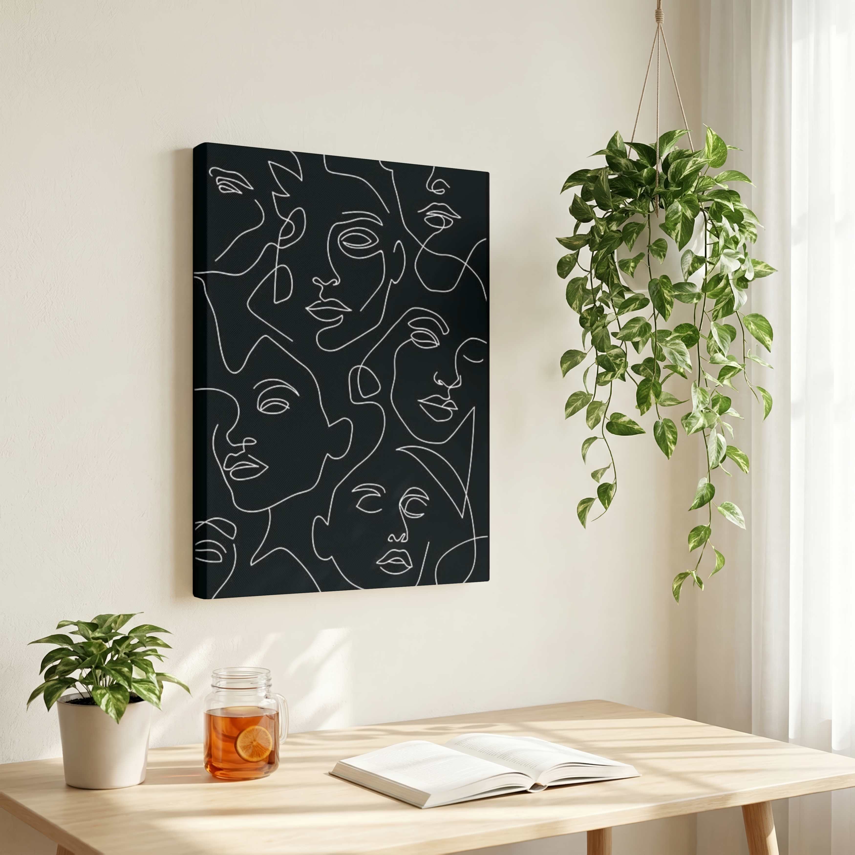Continuous Line Faces Poster | Vertical Contemporary Boho White Framed Wall Art