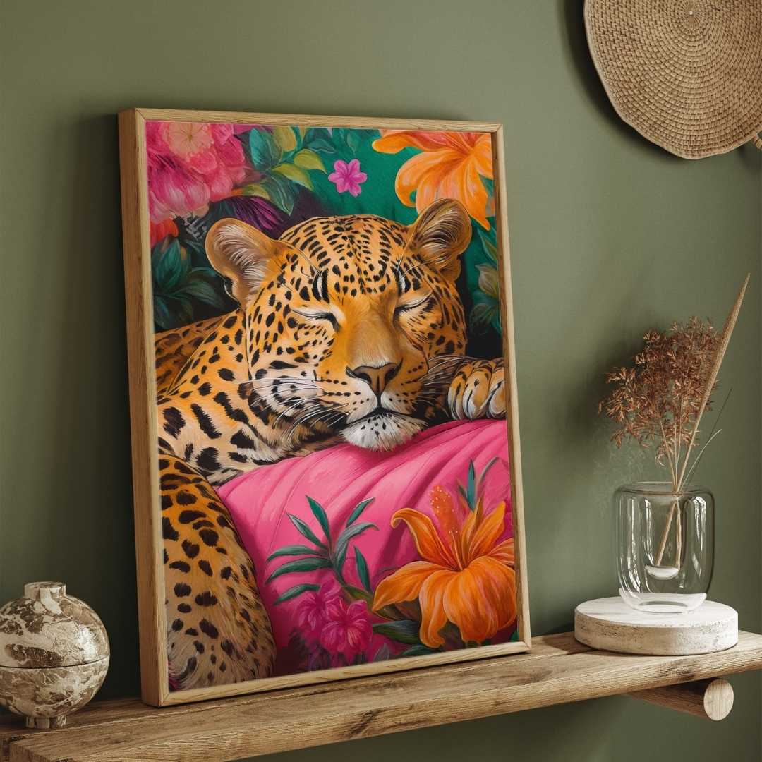Peaceful Sleeping Leopard Tropical Floral Pop Art | Framed Print 2 : 3 Vertical Premium Wall Art Canvas by MeriDeewar