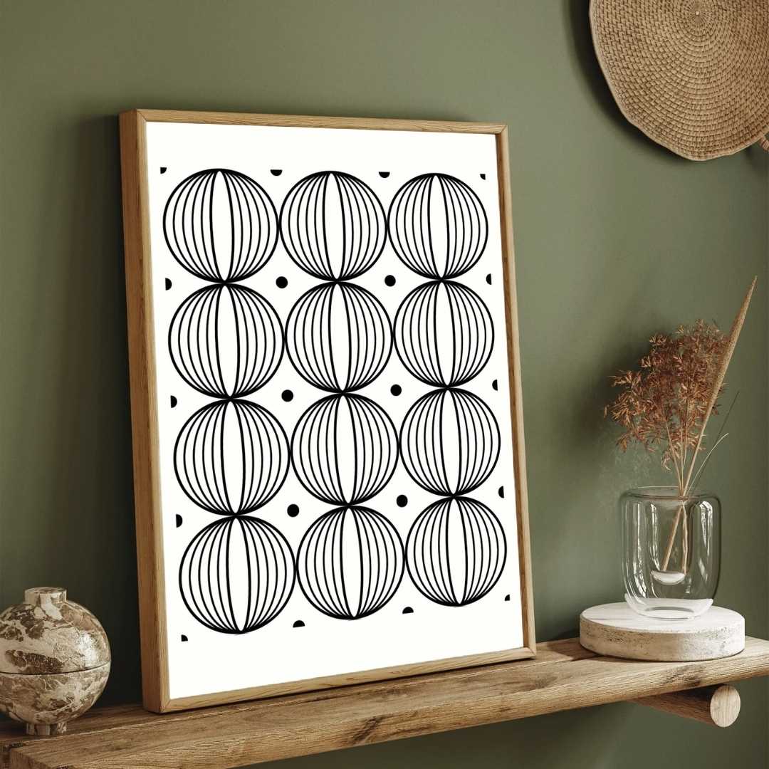 Minimalist 3D Wireframe Sphere Grid Poster | Vertical High-Contrast White Framed Geometric Wall Art