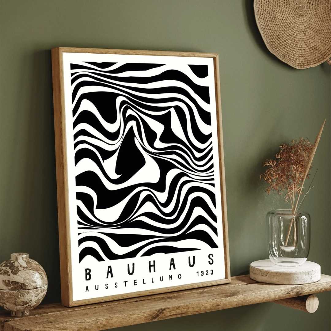 Bauhaus "Ausstellung 1923" Kinetic Liquid Marbling Waves Poster | Vertical High-Contrast White Framed Wall Art