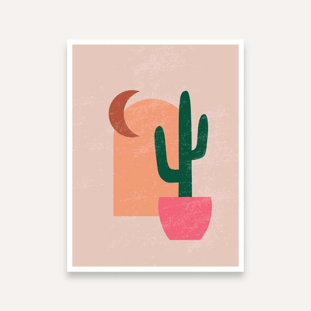 Boho Cactus & Moon Abstract Painting for Living Room | Minimalist Wall Art Print 4 :5 Vertical Premium Wall Art Canvas by MeriDeewar