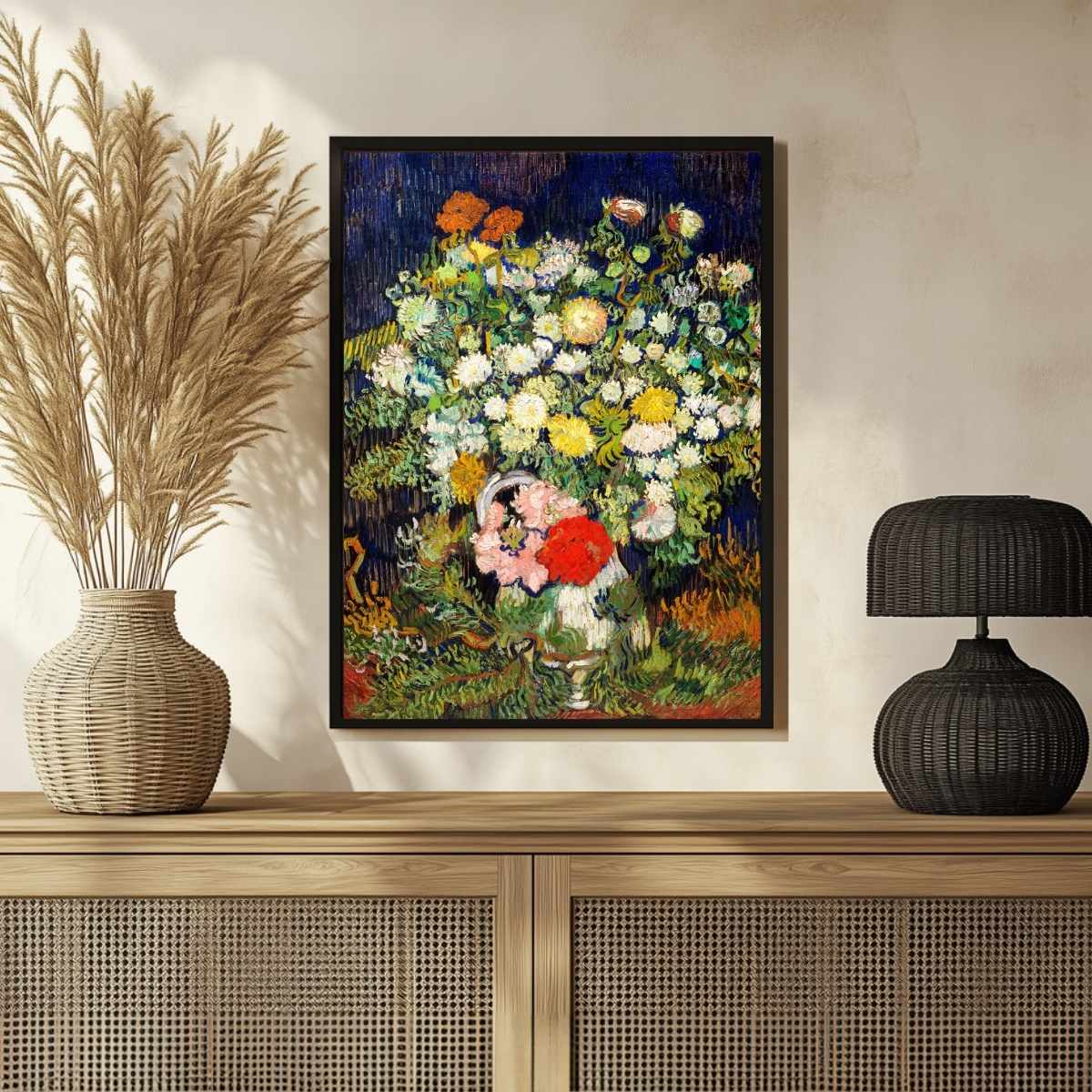 Floral Painting for Living Room – Van Gogh Bouquet of Flowers in a Vase | Wall Art for Home Decor 3 : 4 Vertical Premium Wall Art Canvas by MeriDeewar
