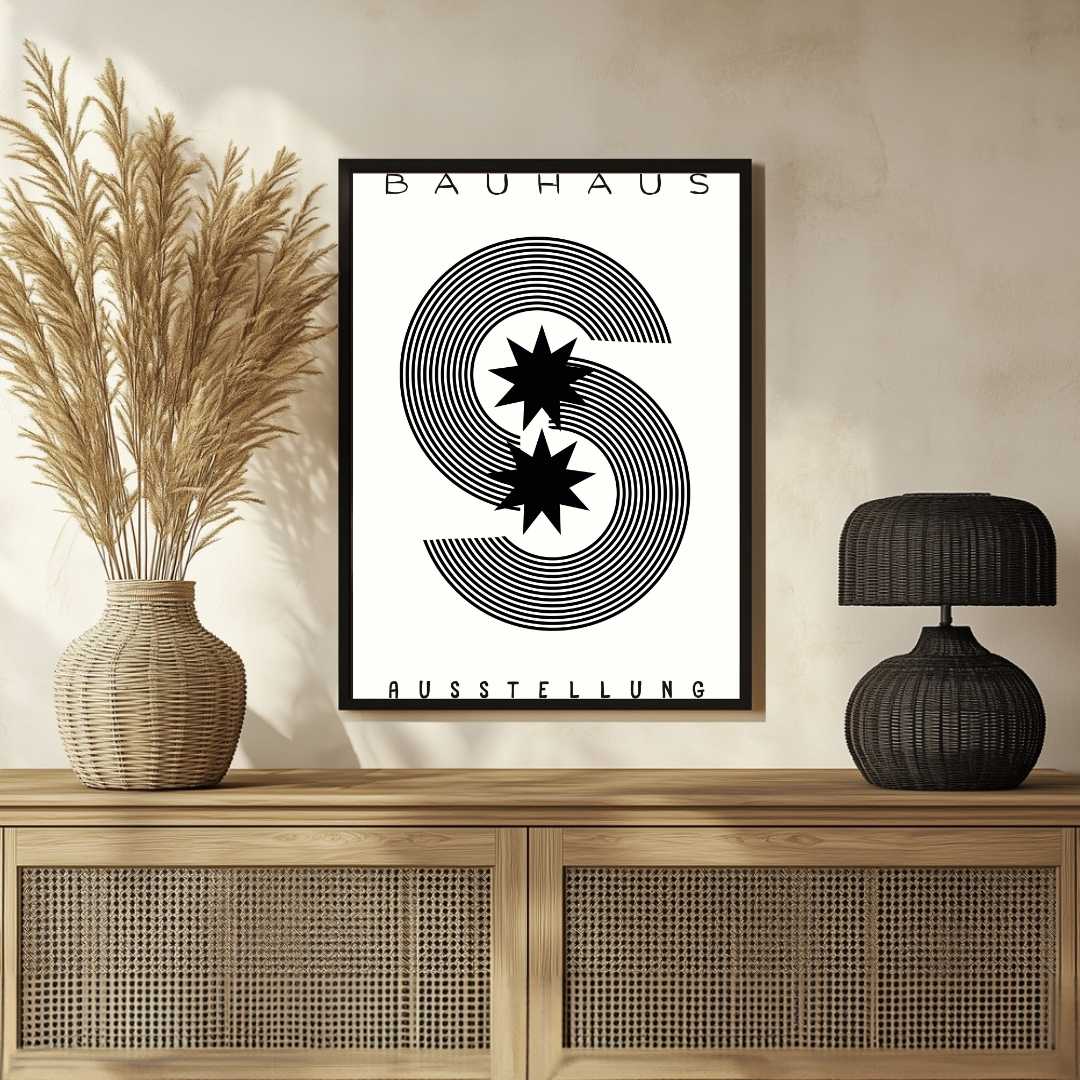 Bauhaus "Ausstellung" Celestial S-Curve Concentric Lines Poster | Vertical High-Contrast White Framed Wall Art