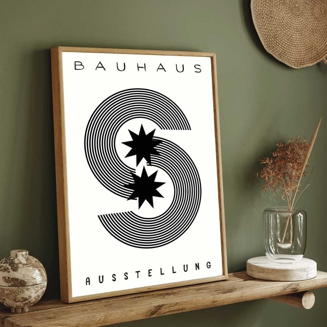 Bauhaus "Ausstellung" Celestial S-Curve Concentric Lines Poster | Vertical High-Contrast White Framed Wall Art