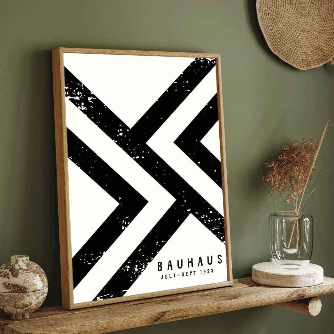 Bauhaus "Juli-Sept 1923" Distressed Geometric Chevron Poster | Vertical High-Contrast White Framed Wall Art