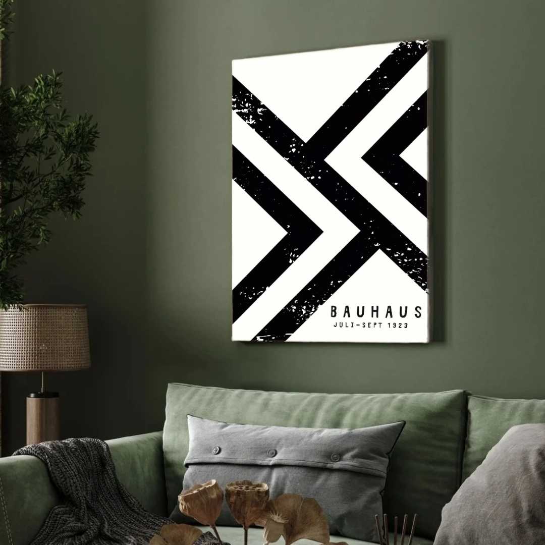 Bauhaus "Juli-Sept 1923" Distressed Geometric Chevron Poster | Vertical High-Contrast White Framed Wall Art