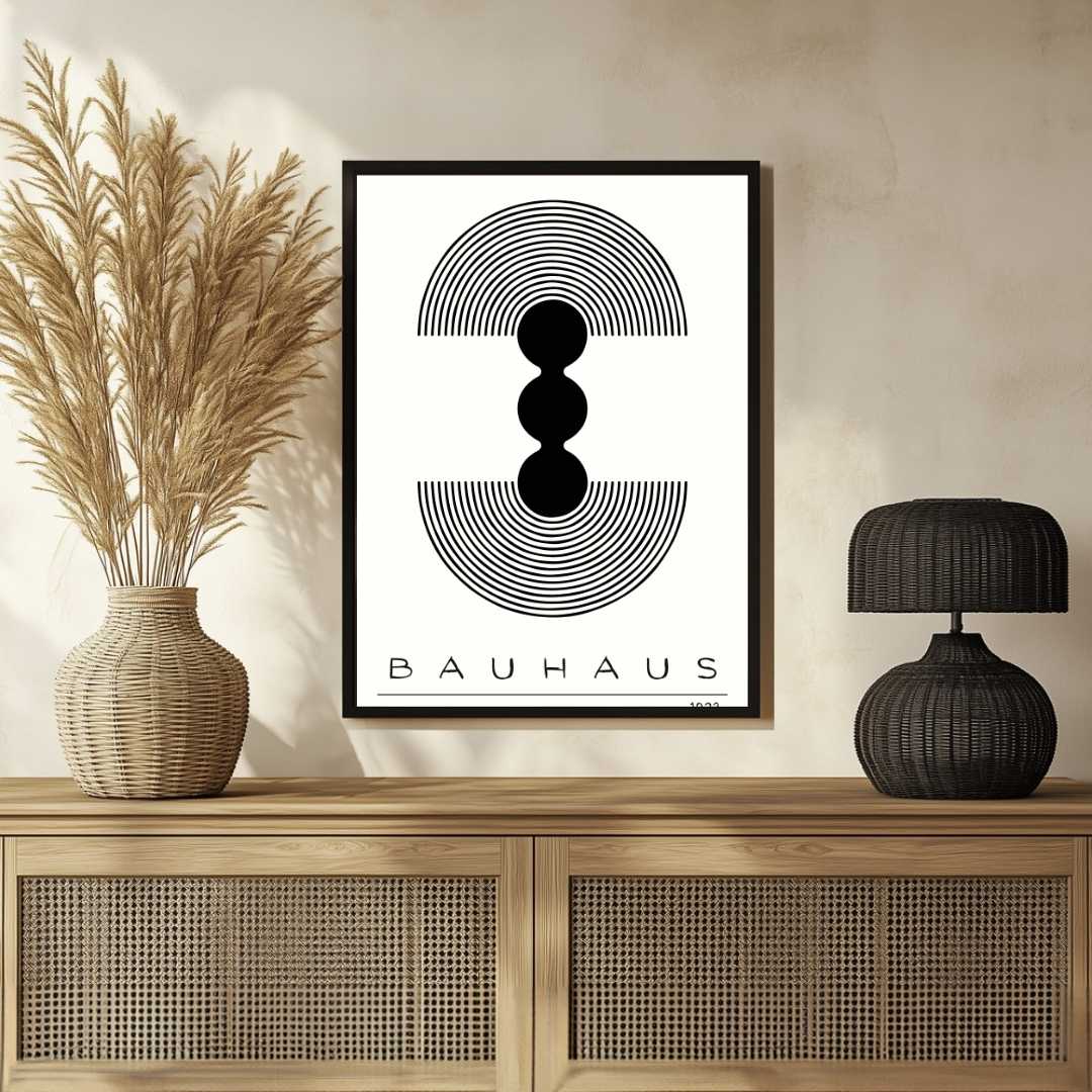 Bauhaus "1923" Geometric Concentric Arches & Totem Pods Poster | Vertical High-Contrast White Framed Wall Art