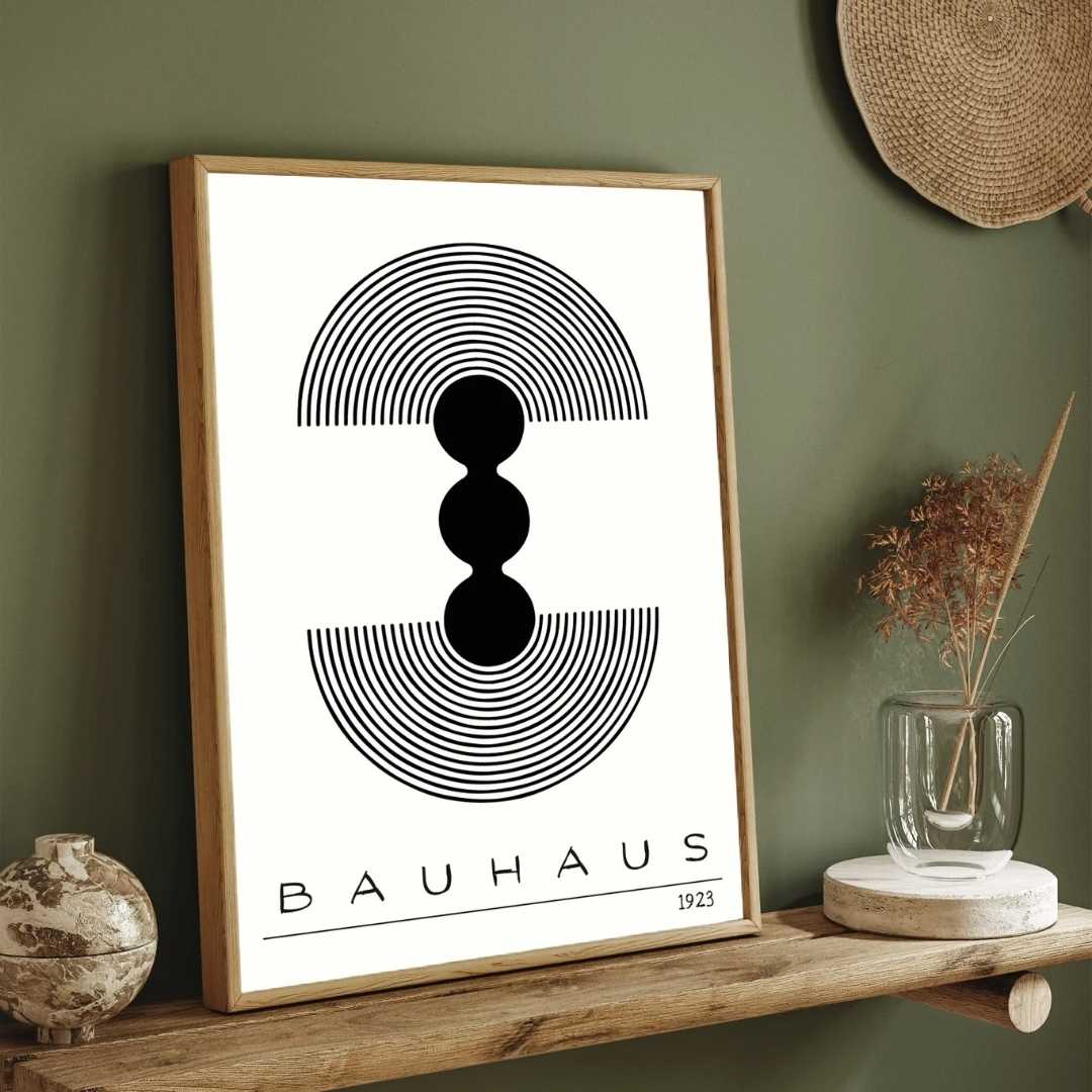 Bauhaus "1923" Geometric Concentric Arches & Totem Pods Poster | Vertical High-Contrast White Framed Wall Art