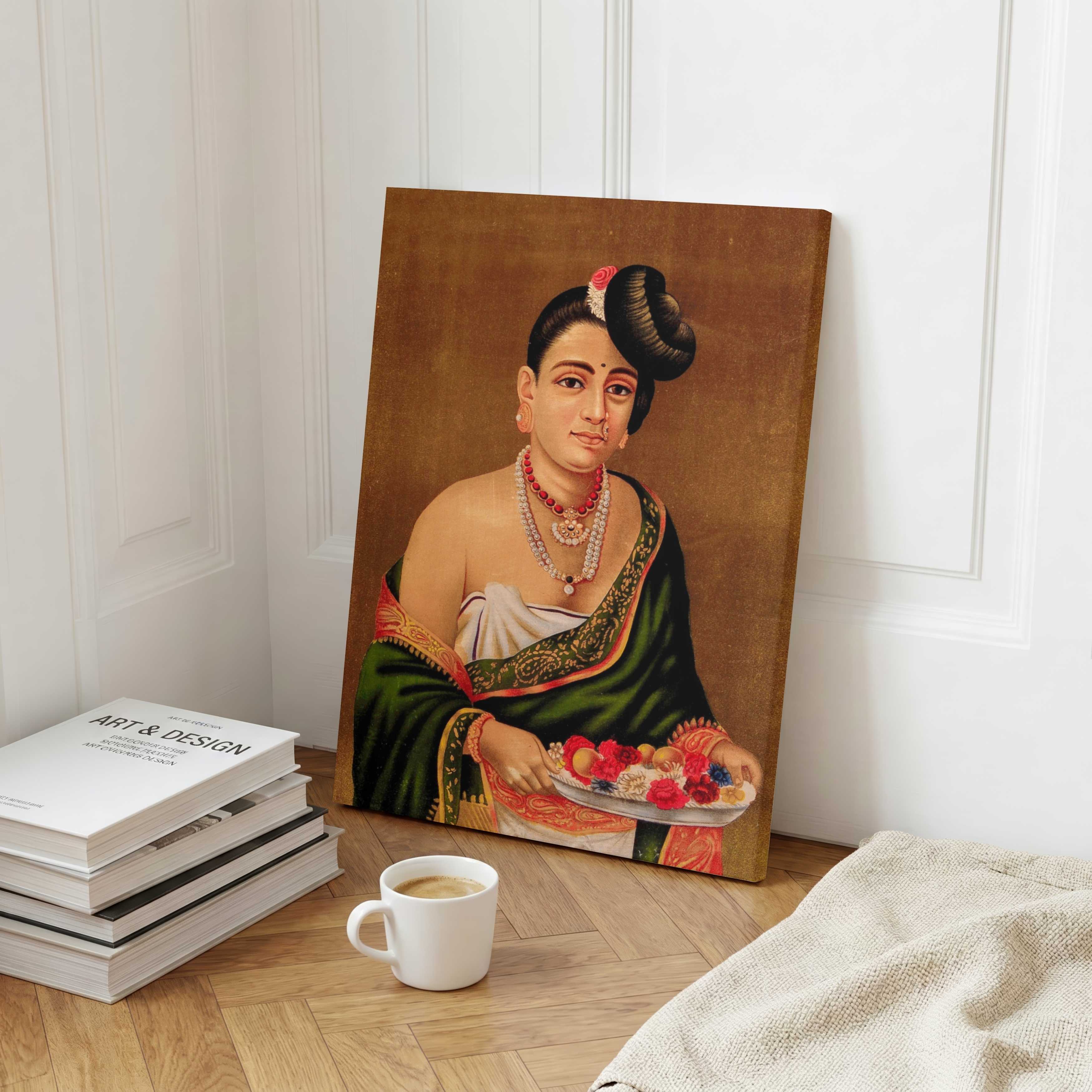Nayar Lady Painting by Raja Ravi Varma | Traditional Indian Portrait Wall Art for Living Room 3 : 4 Vertical Premium Wall Art Canvas by MeriDeewar