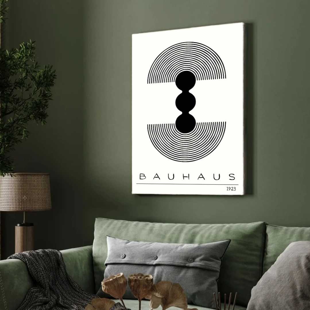 Bauhaus "1923" Geometric Concentric Arches & Totem Pods Poster | Vertical High-Contrast White Framed Wall Art
