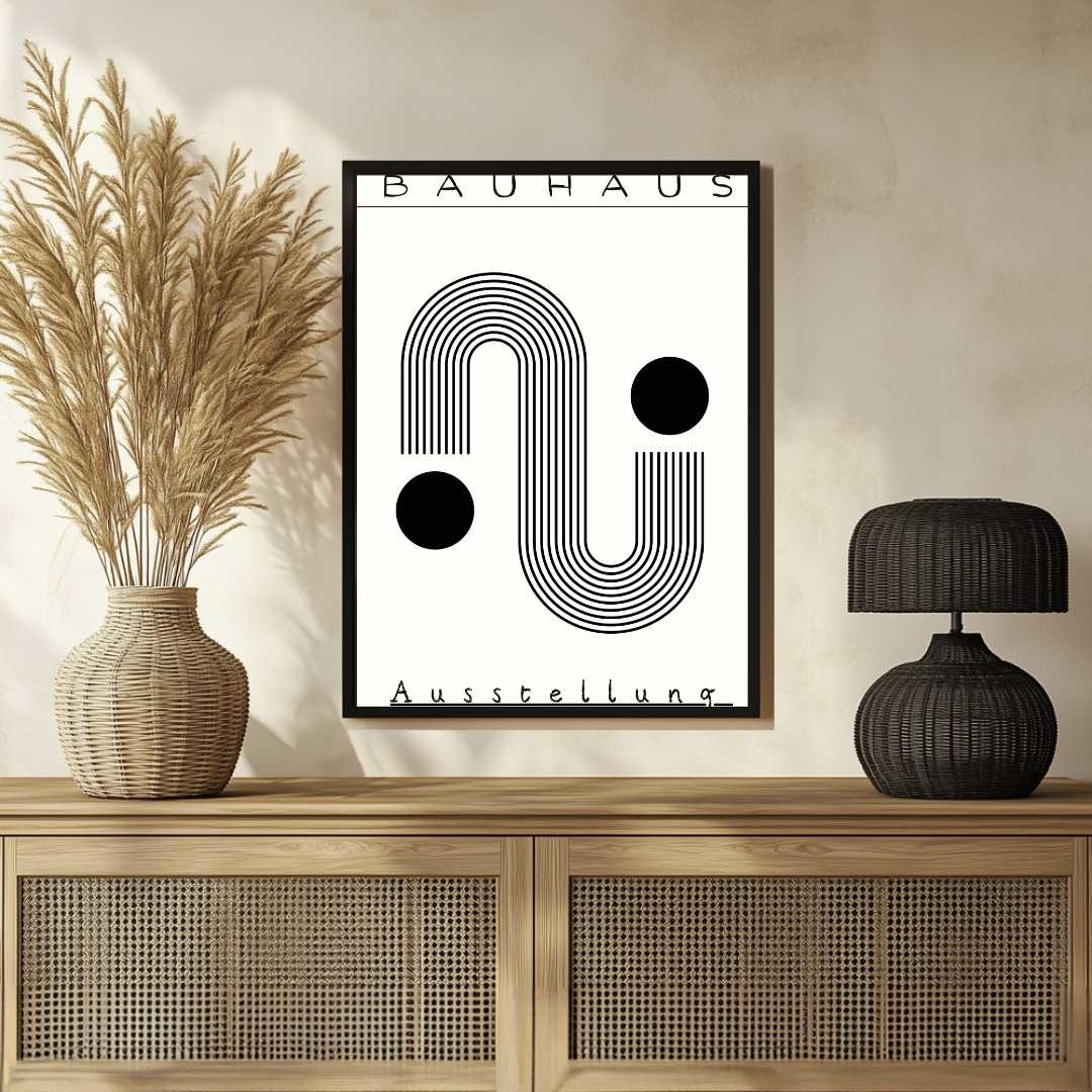 Bauhaus "Ausstellung" Kinetic Linear S-Curve & Circles Poster | Vertical High-Contrast White Framed Wall Art