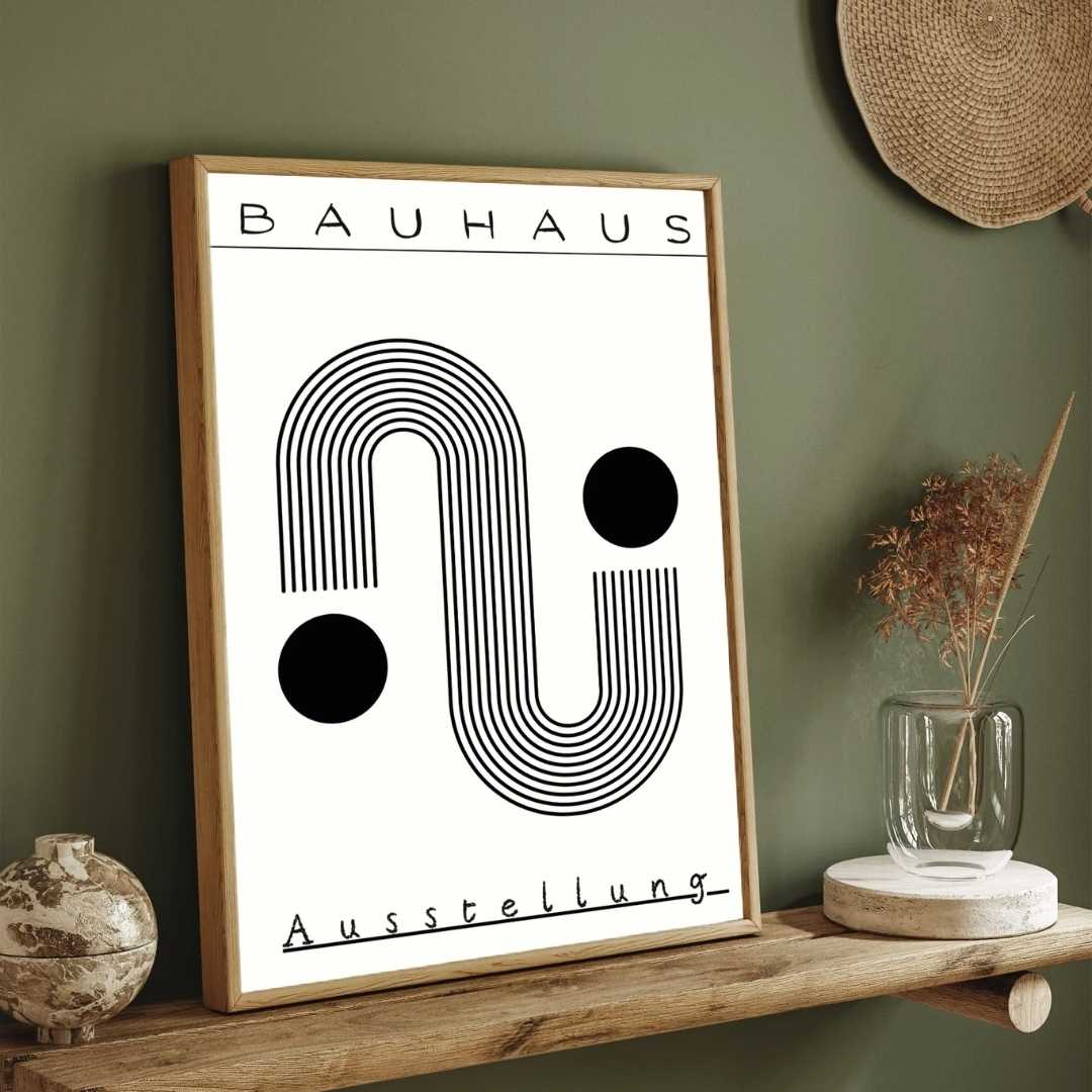 Bauhaus "Ausstellung" Kinetic Linear S-Curve & Circles Poster | Vertical High-Contrast White Framed Wall Art