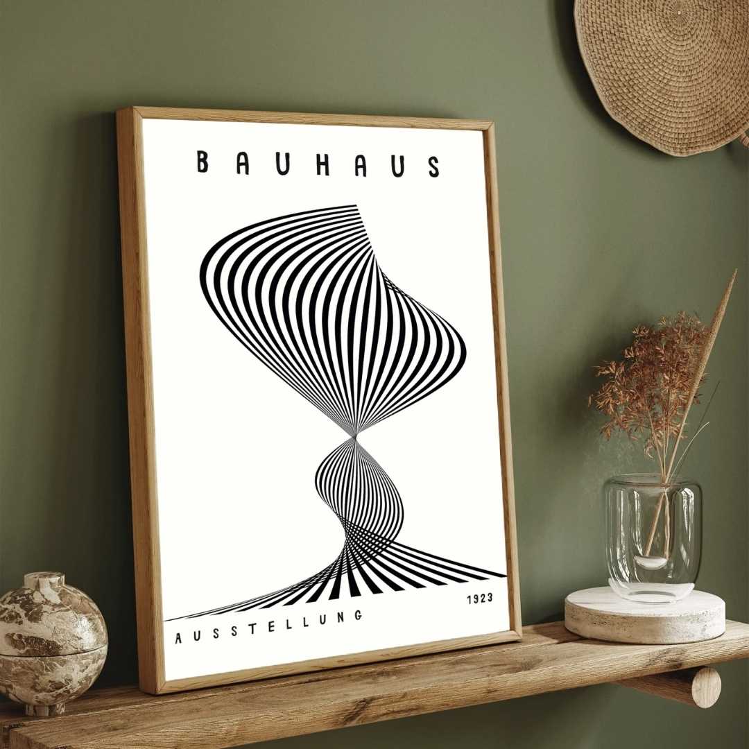 Bauhaus "Ausstellung 1923" Kinetic Twist Optical Illusion Poster | Vertical High-Contrast White Framed Wall Art