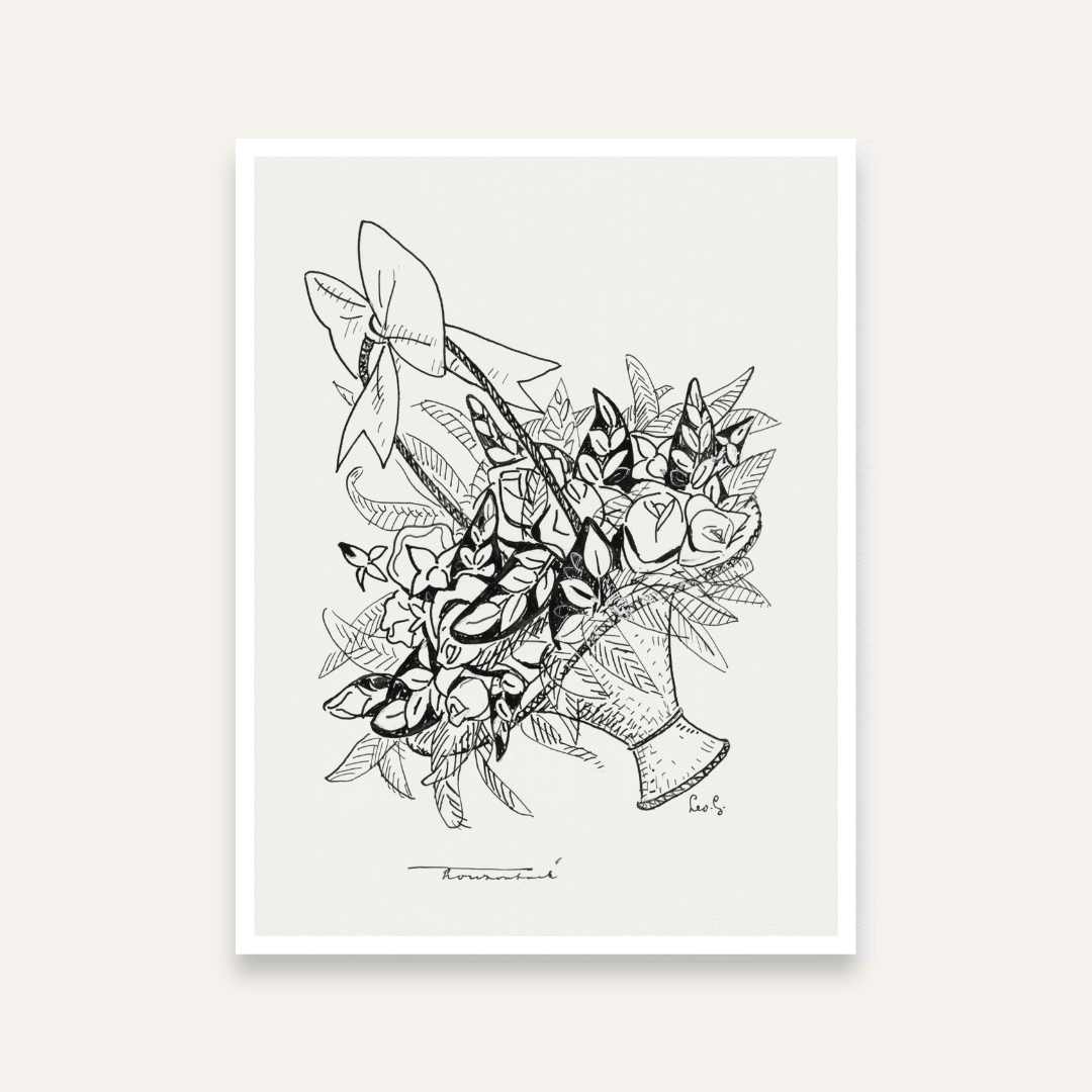 Floral Basket Line Art Painting for Living Room | Black & White Wall Art Print 4 :5 Vertical Premium Wall Art Canvas by MeriDeewar