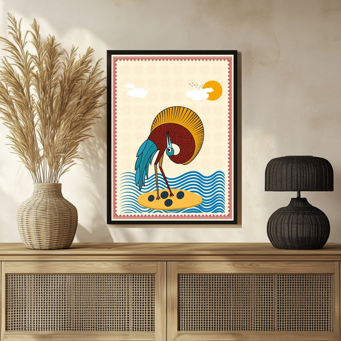 Gond Art Elegance: Flamingo & Egg with Sun Painting - MeriDeewar